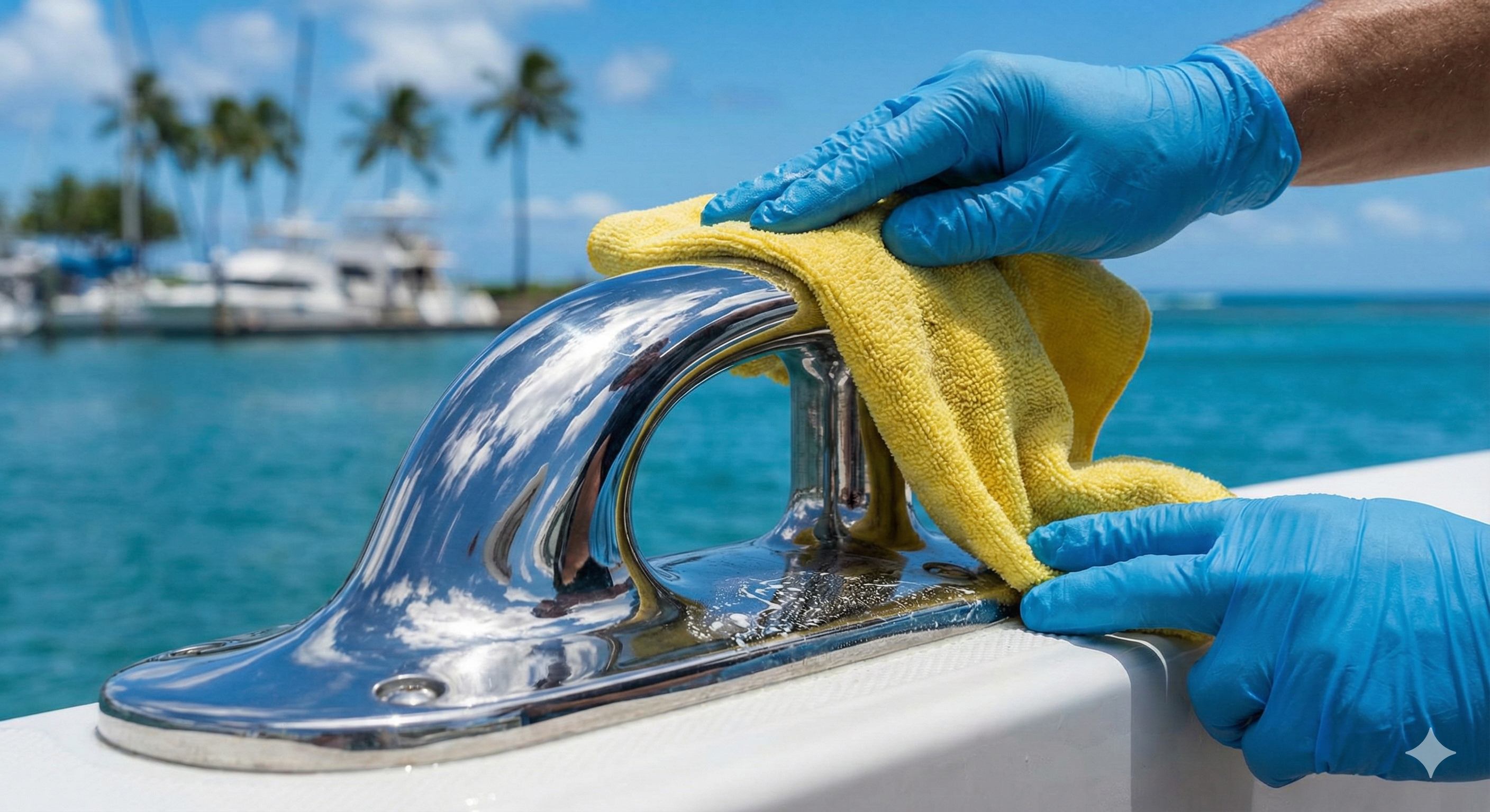 Hands in blue gloves polishing chrome boat cleat with yellow microfiber cloth