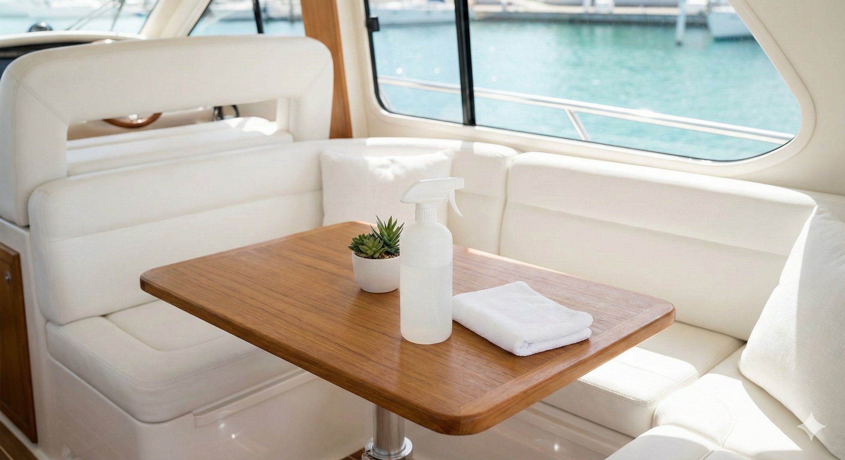 Clean boat interior with teak table and white leather seating